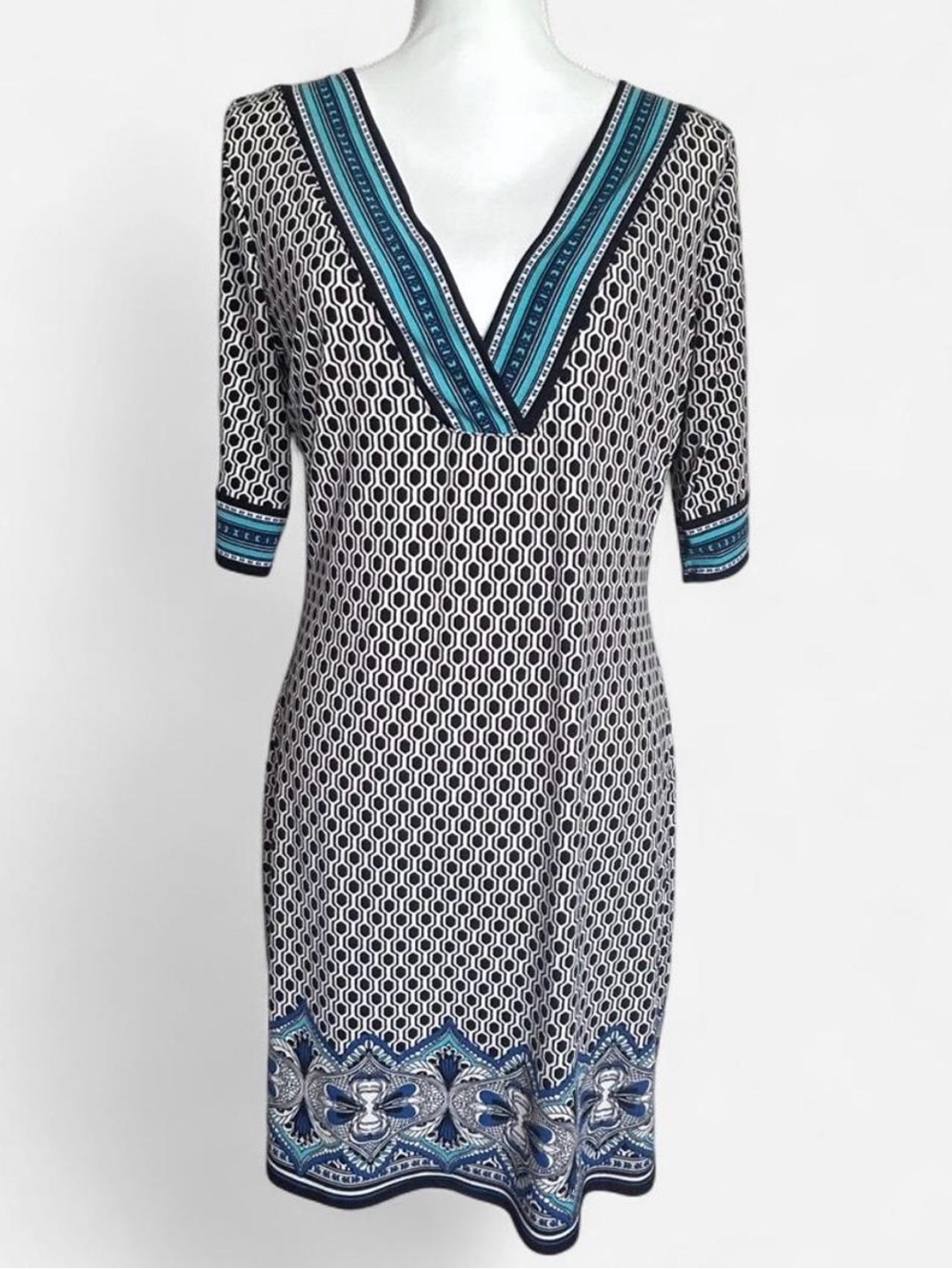 Max Studio Geometric Border Print Stretch Sheath Dress L